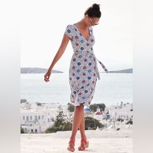 Boden Summer Wrap Sun Dress Moroccan Mosaic Floral Vine Size 8 Midi Coastal Art